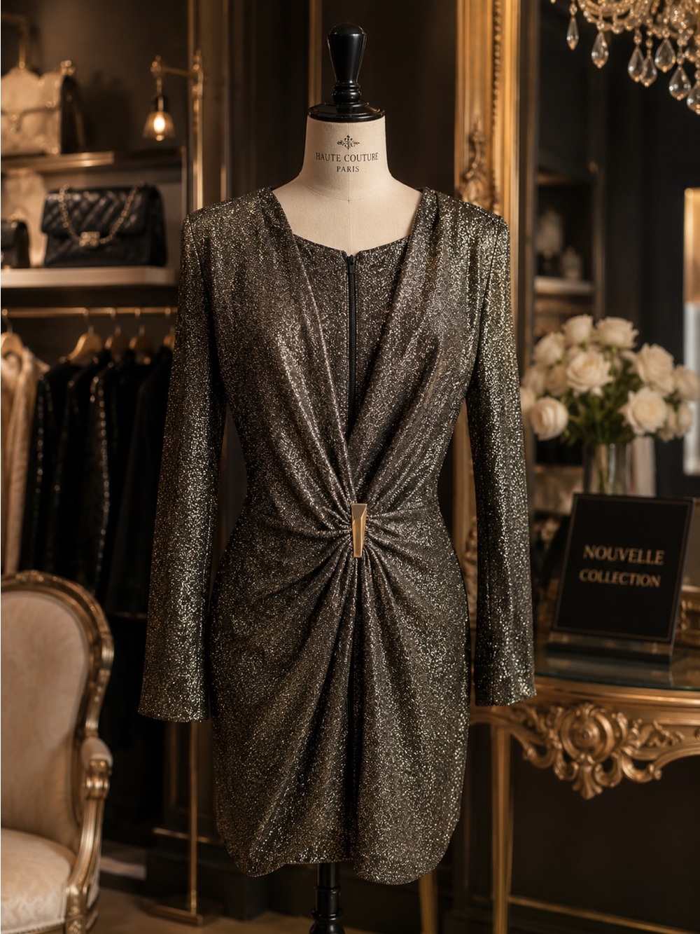 Calvin Klein Glittering Gold Long-Sleeve Twist Front Dress